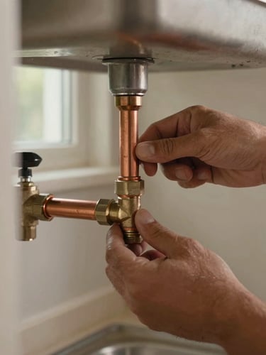 Close-up of a plumber's hands tightening a copper pipe fitting beneath a kitchen sink, warm daylight from a nearby window catching the wrench and the texture of the pipe, residential cabinet visible in background