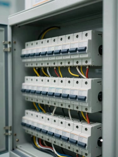 Close-up of an electrical panel being wired inside a medical imaging facility, labeled circuit breakers and cable looms clearly visible, site lighting, technical precision evident in the layout