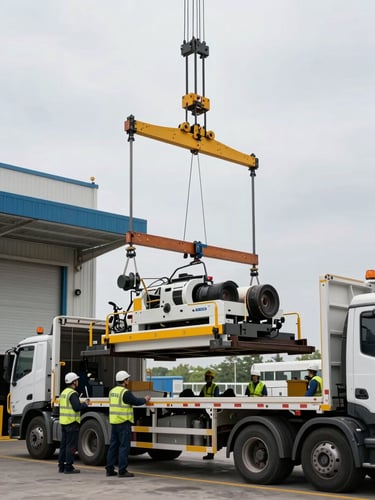 CT gantry being lowered from a freight vehicle at a hospital loading bay, rigging equipment and engineering team directing the lift, wide environmental shot showing logistical scale under overcast daylight