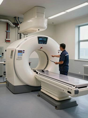Wide environmental shot inside a hospital CT suite under site lighting, a technician in work gear commissioning a Siemens CT gantry from the control interface side, electrical conduits and cable management visible along the left wall, institutional daylight entering from a narrow window at the far right, composition emphasizing infrastructure scale and engineering precision