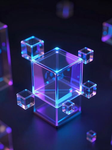 Sleek 3D render of abstract glowing digital nodes and glass structures, dark mode with neon blue and violet edge lighting, cinematic lighting, octane render