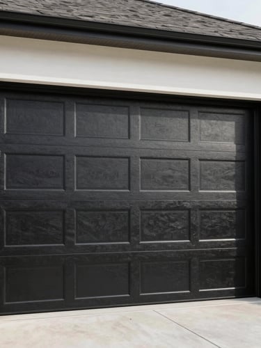 Crisp commercial photography of a modern black insulated garage door on a clean contemporary home, bright natural daylight, 35mm