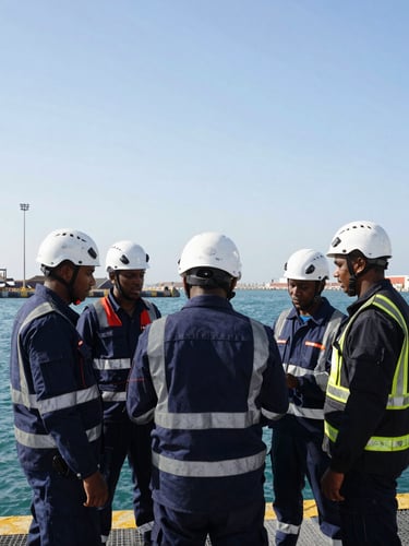 Medium-wide crop of technical crew in safety gear and helmets coordinating operations at Mogadishu port, bright daylight, high contrast.