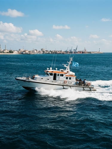 Wide environmental shot of a modern high-speed crew vessel flying the Somali flag, navigating bright clear daylight waters of Mogadishu at speed, deep navy sea, sharp focus, 35mm.