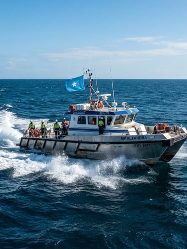 Wide environmental shot of a modern high-speed crew vessel flying the Somali flag cutting through deep blue waters under bright daylight, crisp focus.