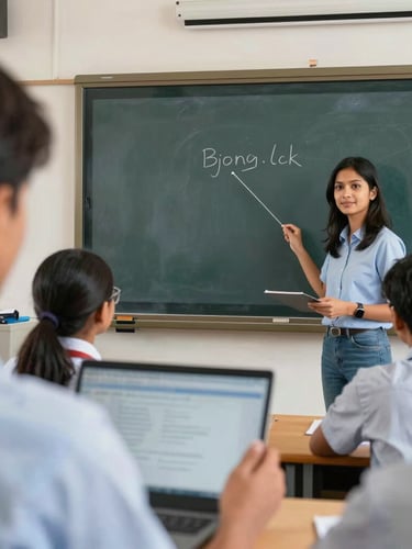 Over-the-shoulder view of a teacher using an interactive flat panel in a bright Dhaka classroom, students seated attentively.