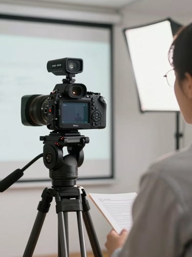 Over-the-shoulder view of a teacher recording a lecture in a clean educational studio setup, professional camera on a tripod, soft studio lighting.