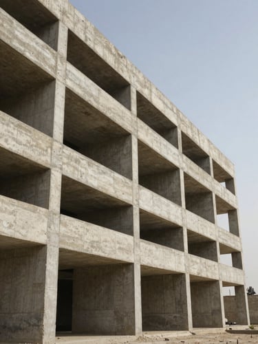 Close environmental shot of a completed concrete structure in Al-Najaf, natural daylight raking across the facade from the right, raw material texture visible, no people, wide angle showing full building face against open sky