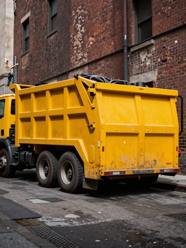 Low-angle heroic shot of a compact yellow roll-off dumpster truck maneuvering a sharp turn in a narrow, brick-lined San Francisco alleyway, hard direct daylight, gritty industrial photography.