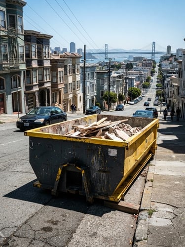 A compact, heavy-duty yellow and black roll-off dumpster parked perfectly on a steep, narrow San Francisco street, avoiding traffic, under harsh direct daylight. Wide environmental shot showing SF architecture in the background.