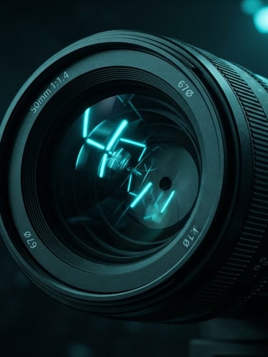 Macro close-up of a sleek digital camera lens reflecting glowing electric cyan studio lights, high-fidelity render, dark moody background, 8k
