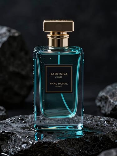 High-fidelity digital render of a luxury perfume bottle on a wet basalt stone, dramatic studio lighting, deep moody tones with electric cyan accents, sharp focus, 8k