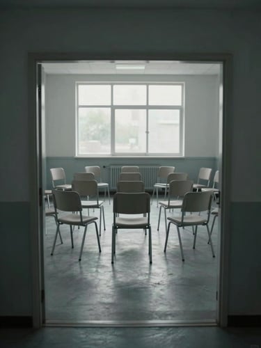 Wide environmental shot from the doorway of an empty group therapy room, rows of plain chairs arranged in a circle under diffused natural window light, institutional walls, no people present, cool gray tones, depth of field emphasizing the quiet geometry of the circle