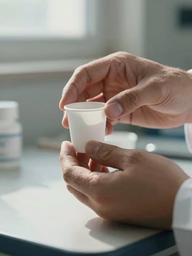 Extreme close-up of a man's hand holding a small white paper medication cup, a second hand steady beneath it on a clinical intake desk, natural north-facing window light casting cool shadows, institutional surface visible at bottom edge, no faces
