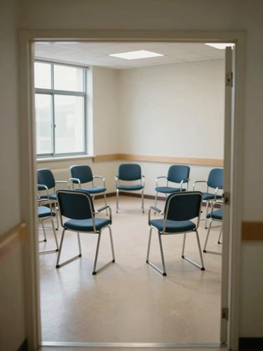 Wide shot from doorway of an empty clinical group therapy room — institutional chairs arranged in a circle on a light linoleum floor, cool natural light entering from a high side window, neutral walls, no people, quiet and orderly