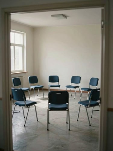 Wide environmental view from the doorway of an empty group therapy room, institutional chairs arranged in a circle on a plain floor, natural window light entering from the left, no people present, calm and sparse atmosphere