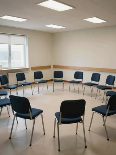 Wide environmental shot of an empty group therapy circle of chairs in a quiet clinical room, overhead institutional lighting blended with natural window light from the side, no people present, focus on the arrangement of chairs and neutral floor