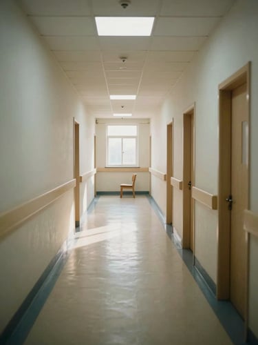 Wide environmental shot looking down a quiet clinical hallway, institutional overhead lighting casting even shadows on pale walls, a single wooden chair visible at the far end, no people present, natural light entering from a window at the corridor's end