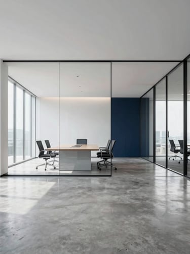 Wide environmental shot of a modern minimalist office conference room, glass walls, polished concrete floor reflecting soft daylight, immaculate and organized.