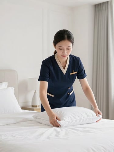 A professional cleaner in a clean, minimalist uniform carefully smoothing crisp white linens in a bright, high-end bedroom, soft daylight, editorial portrait