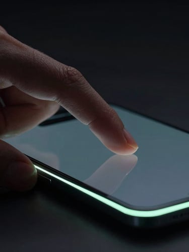 Moody macro photography, low-key studio lighting with neon-mint rim highlights. A close-up of a physical hand interacting with a premium dark Android phone, displaying a minimalist interface.