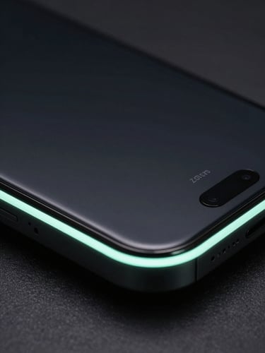 Macro shot of a high-fidelity dark-mode mobile interface on premium hardware, moody low-key studio lighting with neon-mint rim highlights on device edges