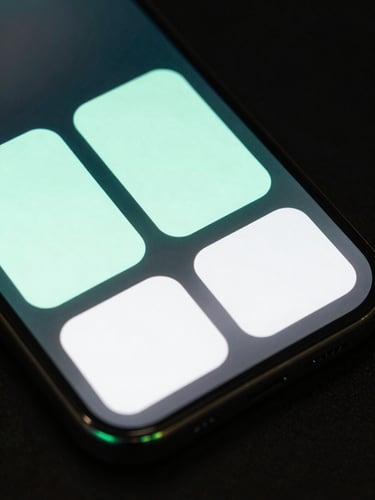 Extreme close-up of a premium dark smartphone screen showing a highly customized minimalist home screen layout with neon-mint interactive widgets, moody low-key studio lighting with soft green rim lights highlighting the glass edge