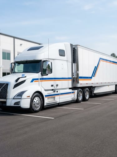 Crisp commercial photography of a modern clean white freight truck parked in bright natural daylight, clean corporate blue and orange accents, sharp focus, 35mm lens