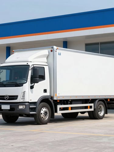 Crisp commercial photograph of a clean modern flatbed transport truck parked outside a structured logistics office, bright natural daylight, clean corporate blue accents