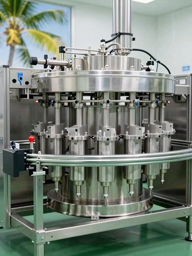 Crisp commercial photography of high-tech stainless steel aseptic filling lines in a sterile, bright clinical facility, sharp focus, 50mm