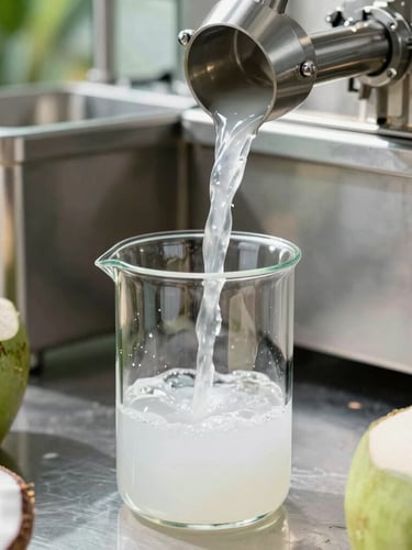 Crisp commercial photography, bright tropical daylight, close-up of clear coconut liquid pouring into a sterile glass beaker inside a high-tech stainless steel facility, sharp focus, 50mm