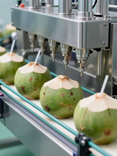 Macro shot of a high-tech stainless steel aseptic filling line in a sterile clinical facility, bright daylight illuminating green coconut husks on a clean conveyor belt, sharp focus, 50mm