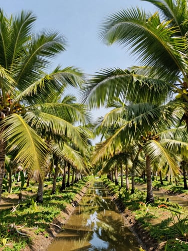 Wide-angle editorial shot of a lush organic coconut grove in Thailand, sunlight filtering through palm fronds, clean irrigation canals reflecting the blue sky, bright daylight.