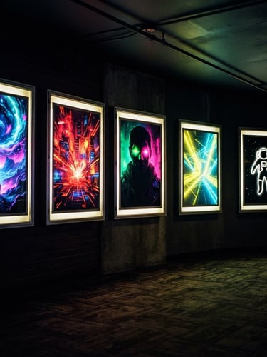 Dynamic low-angle shot of multiple movie posters in backlit displays, high-contrast, vibrant neon glows, 35mm film grain, dark cinema atmosphere.