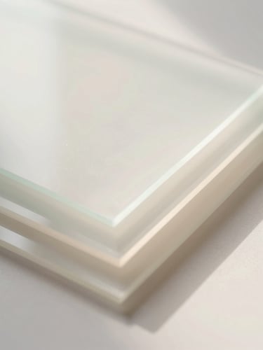 Translucent layered glass sheets casting soft, multi-layered shadows on a neutral pearl background, serene luminous abstract photography