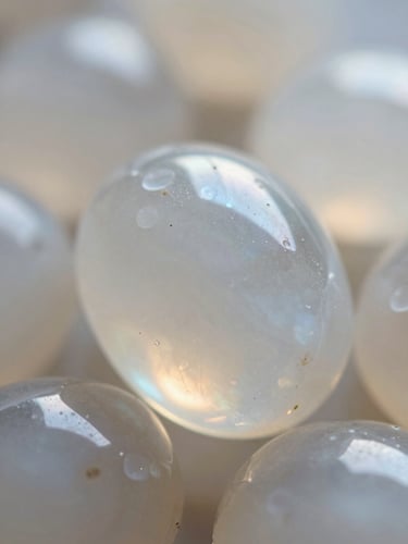 Macro close-up of translucent natural moonstone with soft pearlescent morning light reflections, shallow depth of field