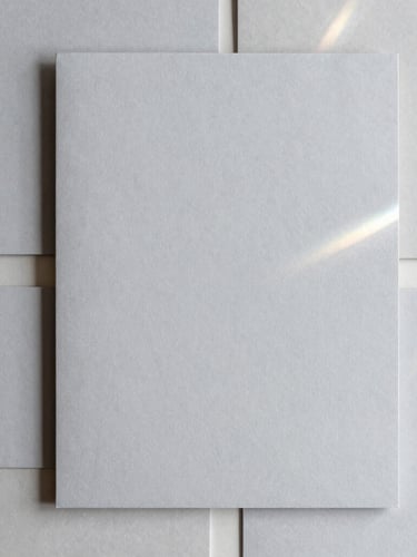 Overhead flat lay of a minimalist brand stationery suite, soft silver gray paper, delicate blind debossing, elegant