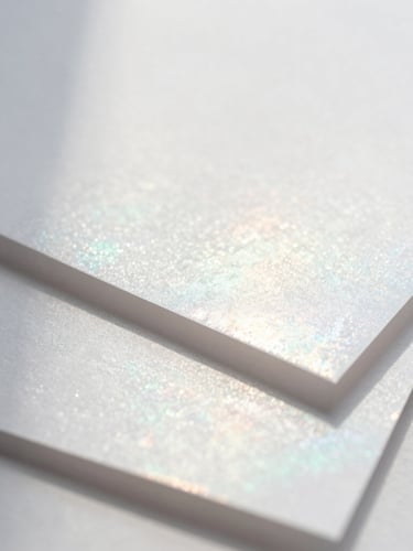 Macro close-up of layered pearlescent paper mockups under soft diffused morning light, subtle silver gray and pale blue shadows, elegant minimalist composition