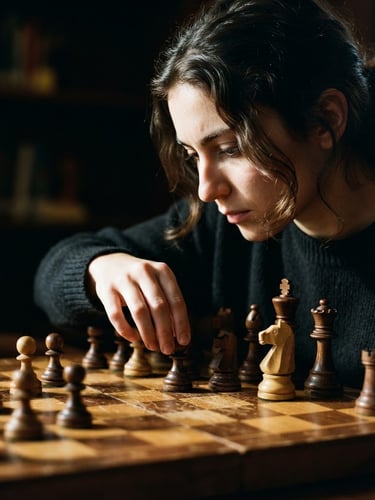 Focused student analyzing a physical wooden chess board, dramatic side-lighting, high contrast, macro depth of field