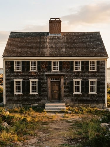 Straight-on architectural elevation of a historic 18th-century timber-frame saltbox house on the New England coast, low-angle golden hour light, rich deep tones, medium format film