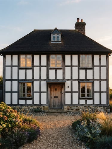 Straight-on architectural elevation of a historic timber-frame coastal home, warm golden-hour natural light reflecting off original glass panes, rich deep tones, medium format film.