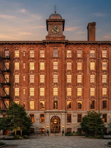 Straight-on architectural elevation of a restored 19th-century brick textile mill, low-angle golden hour light reflecting off multi-pane windows, warm editorial architectural photography