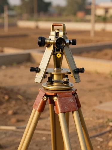 Close-up of a brass surveyor transit on a tripod overlooking a sunlit, cleared development plot in Coimbatore, warm golden-hour light, sharp focus on the metallic instrument, architectural precision