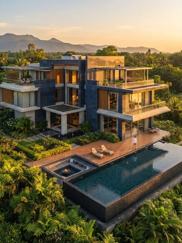 High-angle architectural photograph of a modern luxury villa in Coimbatore, warm golden-hour sunlight reflecting off premium granite surfaces, manicured tropical landscaping, 35mm.