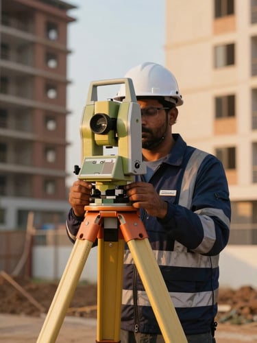 Professional land surveyor in high-visibility gear using a digital total station on a premium development site in Coimbatore, warm golden-hour sunlight, architectural precision, sharp focus, 35mm