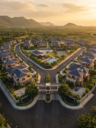 High-angle drone shot of a premium gated community layout in Coimbatore, clean blacktop roads, clear boundary stones, warm golden-hour light, sharp focus