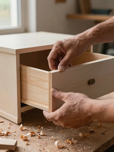 Close-up of a craftsman's hands fitting a drawer front flush against a cabinet frame, natural daylight from a side window, fine wood shavings on the workshop floor, precise joinery reveal visible, no face shown