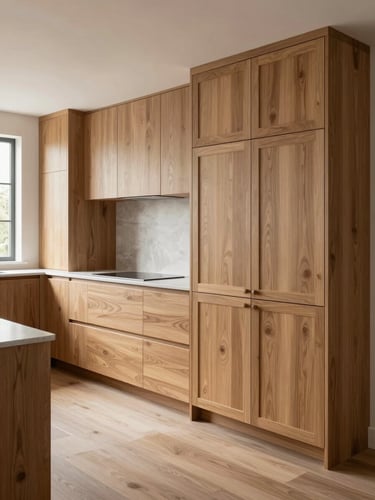 Wide environmental shot of a bespoke kitchen installation in an actual home — floor-to-ceiling oak cabinetry with flush reveals, cool north-facing daylight from a large window casting soft even light across the grain, no people, architectural framing showing how the joinery meets the ceiling and floor with zero filler