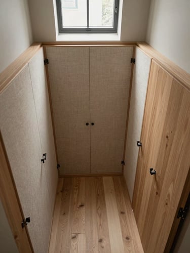 Overhead architectural view of a bespoke dressing room interior, oak and linen-faced panels, hardware aligned precisely, daylight entering from a single high window