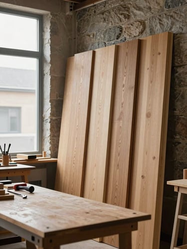 Close architectural view looking into a precision joinery workshop — raw oak panels stacked vertically against a stone wall, a long workbench with hand tools in the foreground, cool north-facing daylight entering from a high window to the left, no people, spare and technical